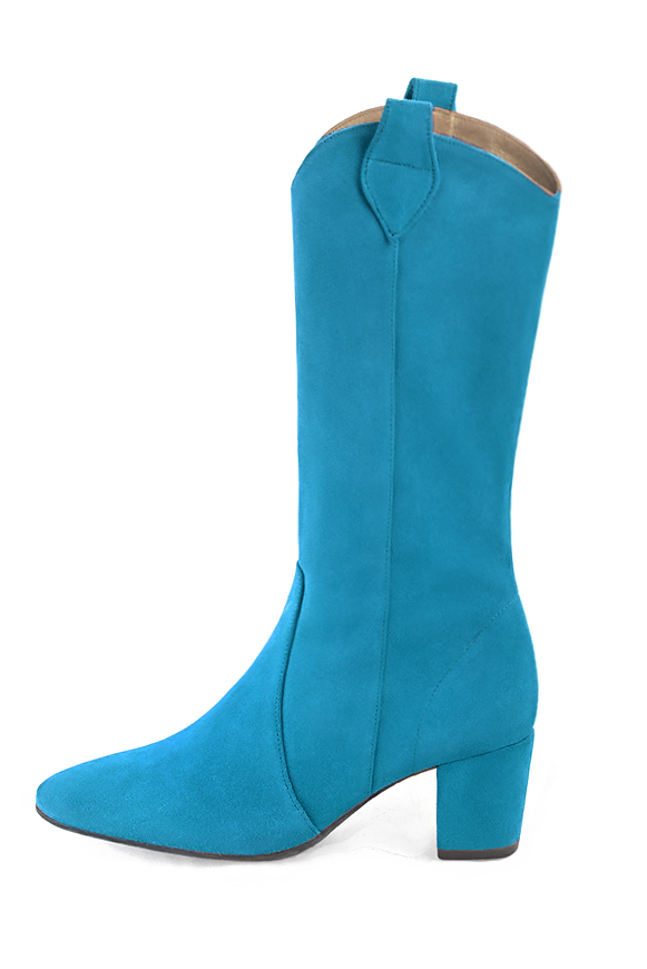 Turquoise blue women's mid-calf boots. Round toe. Medium block heels. Made to measure. Profile view - Florence KOOIJMAN